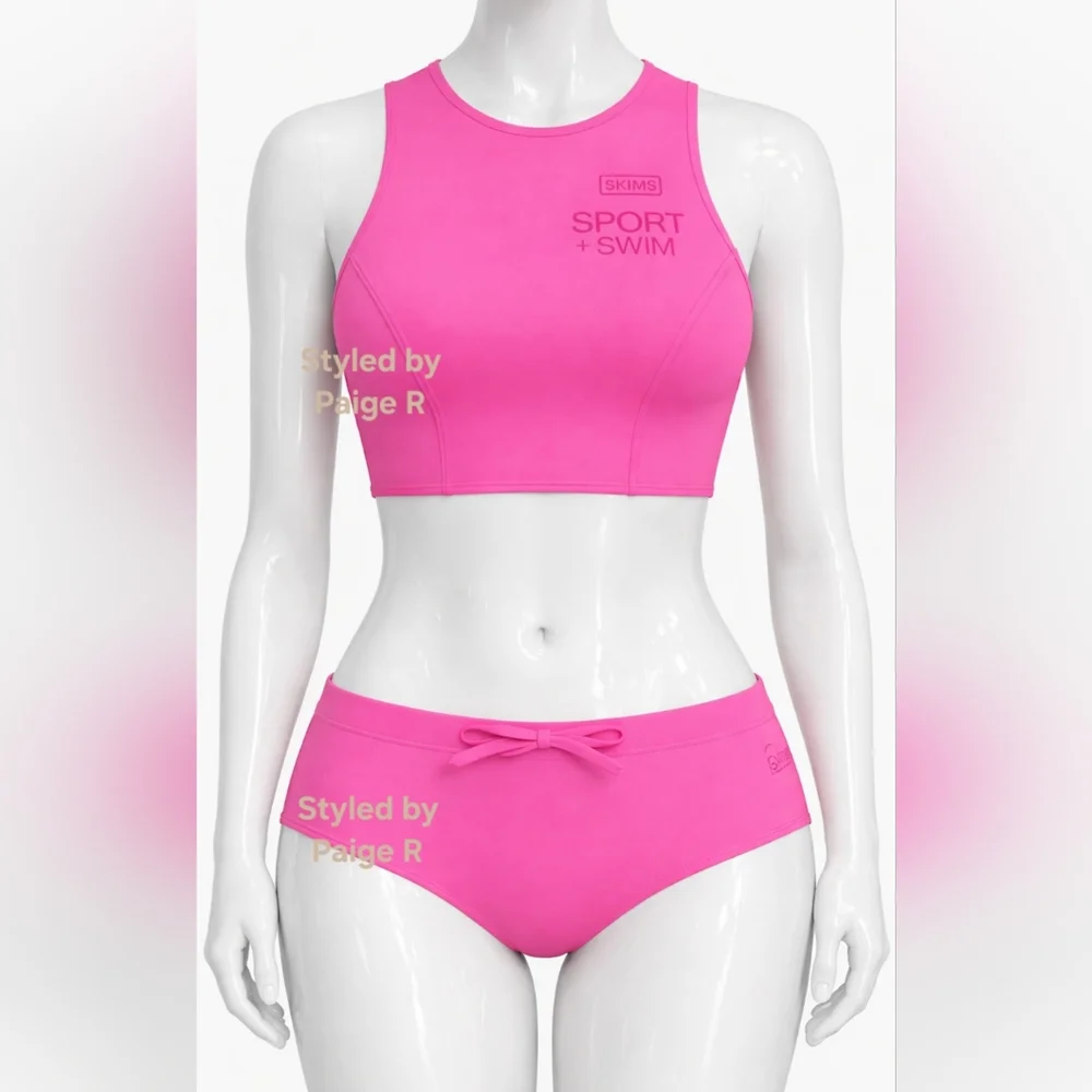 💕NWT SKIMS Sporty Scuba Swim Top + Hipster bottoms Swimsuit Set Taffy Pink 2X